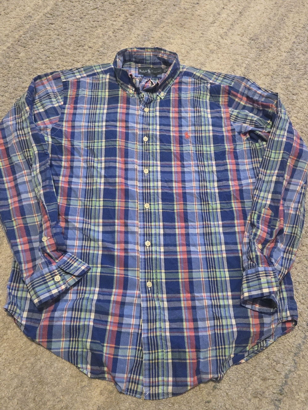 Ralph Lauren Classic Fit Shirt Mens Medium M Blue Plaid Long Sleeve Pony Logo